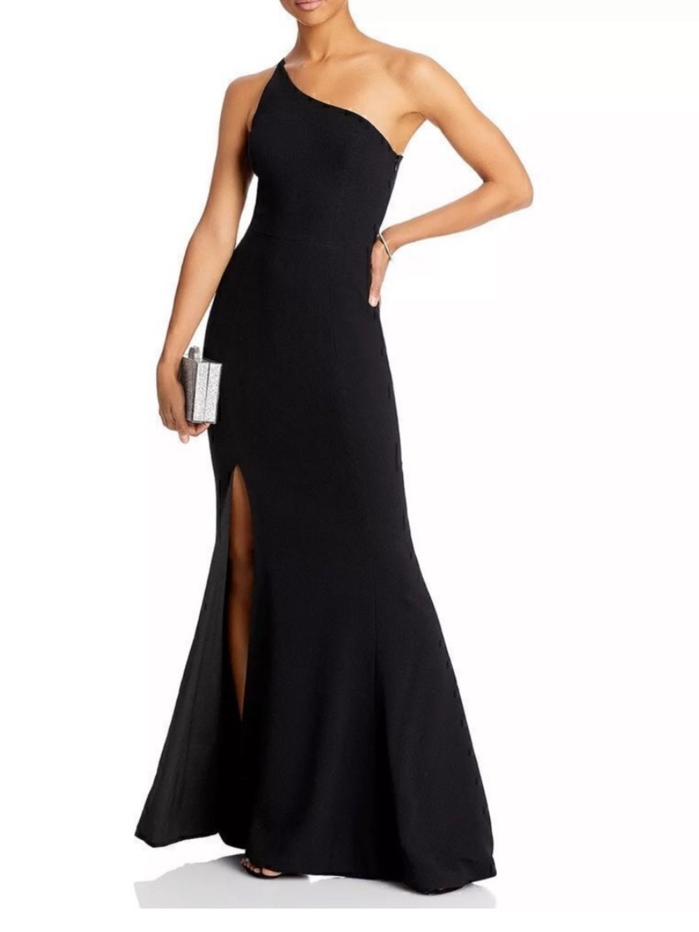 Dress the Population The Amy Black One-Shoulder Slit Evening Gown XS Retail $288